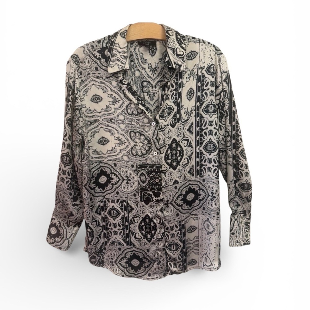 Haver London Womens Paisley‎ Patchwork Button Up Blouse Black White XS Top Shirt